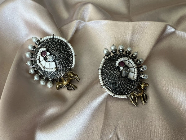 White Enamel oxidized silver earring stud with stone and pearls