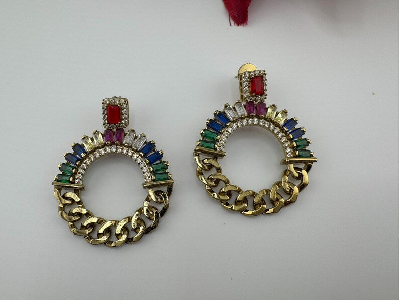 Premium earrings in Gold Chain design, with multicolor glass crystals