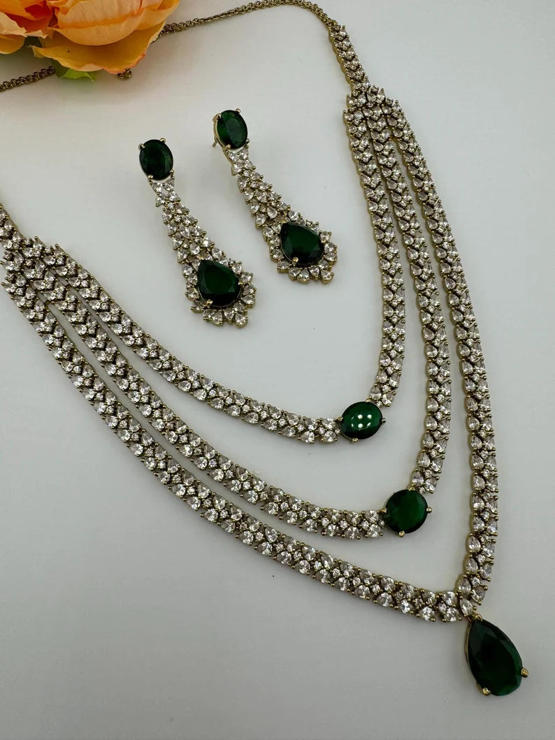 Victorian 3 layer Green Necklace set with long earrings