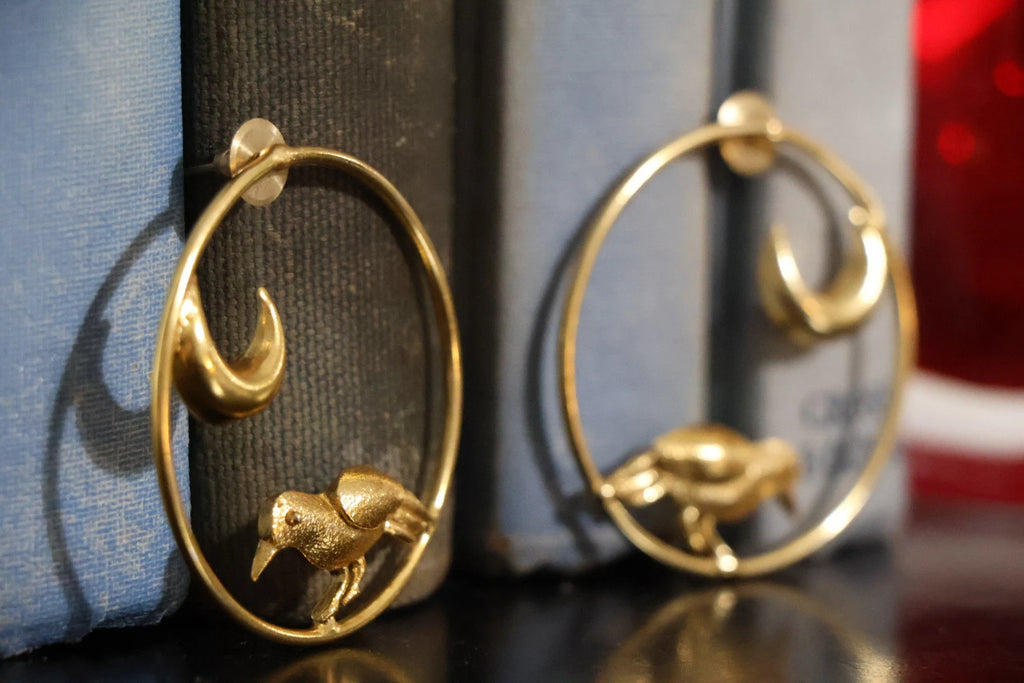 Matt Gold unique Hoop earrings in unique Moon and  Bird design
