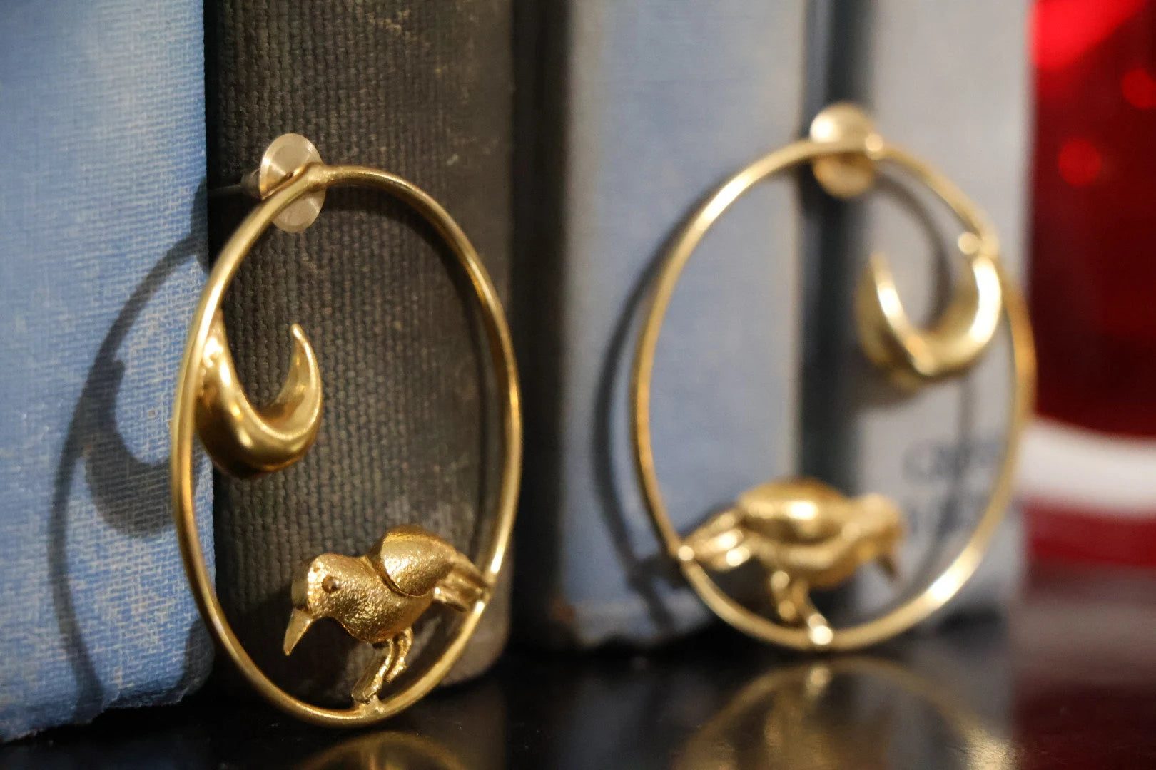 Matt Gold unique Hoop earrings in unique Moon and  Bird design