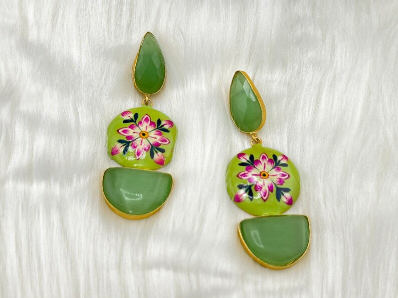 Gold and Light Green earring with Minakari and Monalisa Stone