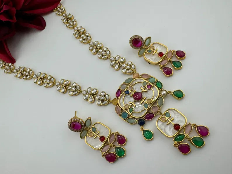 Amrapali inspired, Premium Quality Inlay work on MOP long Necklace