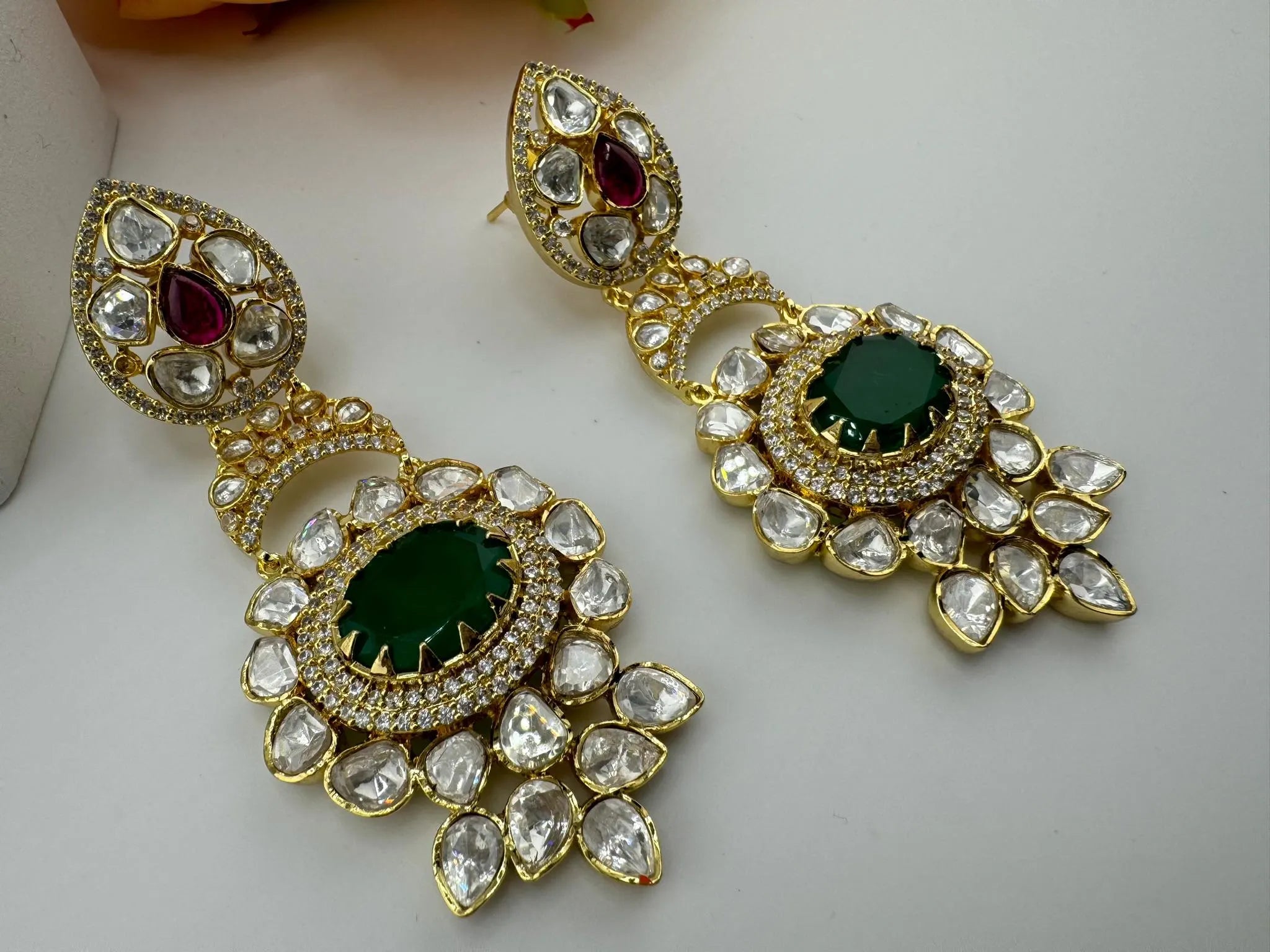 Premium Designer Uncut Kundan with Doublet stone and CZ details long earrings