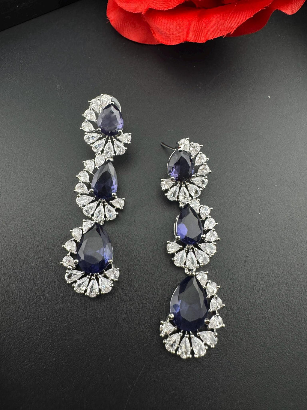 Premium Cubic Zirconia and Crystal stone in silver color Statement Long earrings