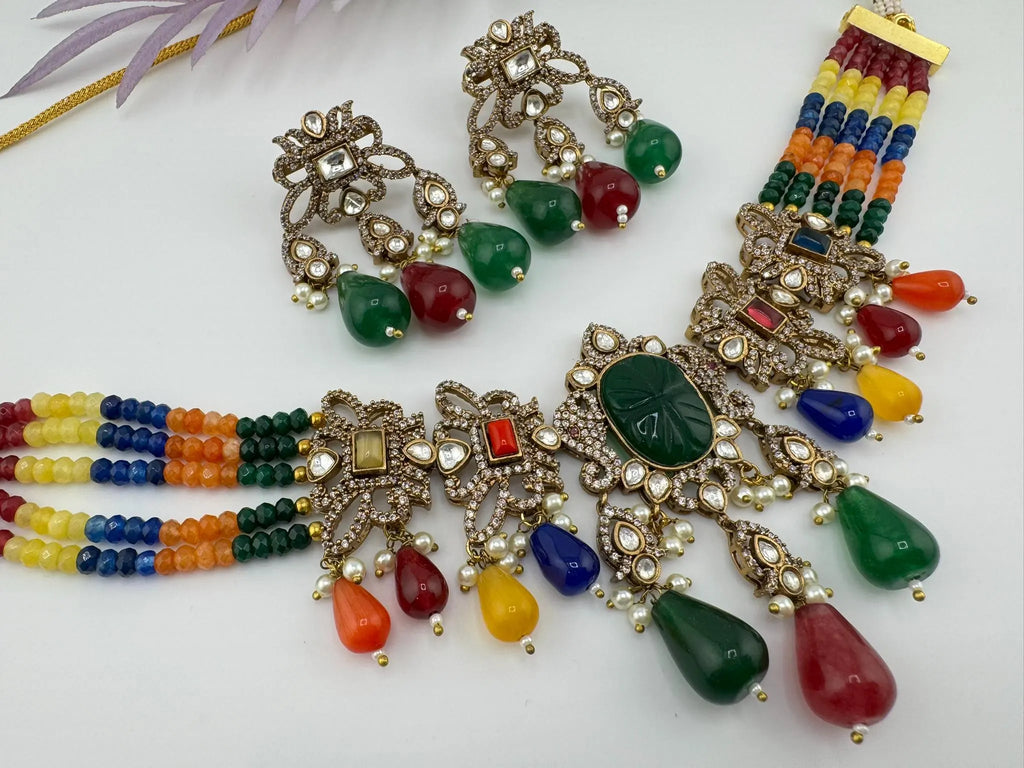 Multicolor Premium Quality Moissanite Uncut Kundan, CZ, carved stones, Onyx beads mala is Designer Choker necklace set with long earrings