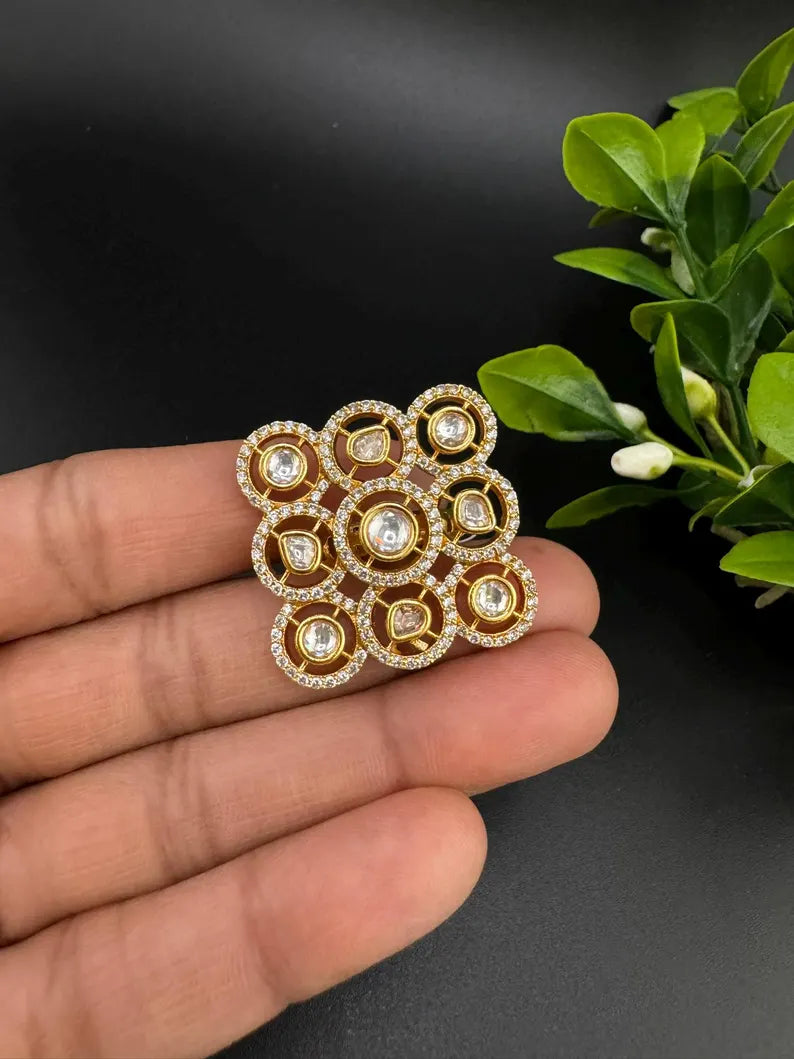 Moissanite Kundan Adjustable Square Finger Ring, Tyaani inspired