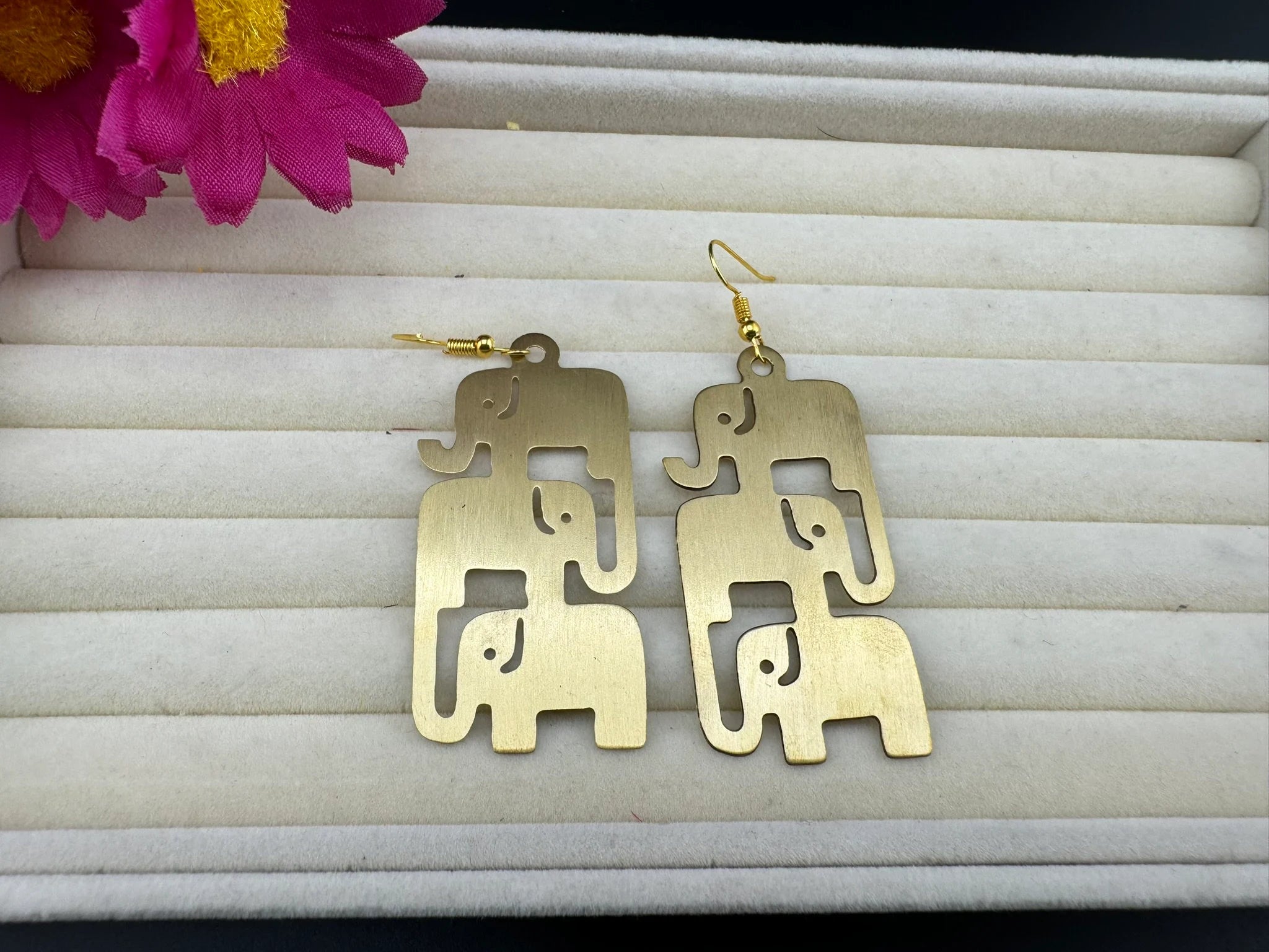 Premium Matt Gold quirky earrings in unique sleek multiple elephant design Drop Statement earrings