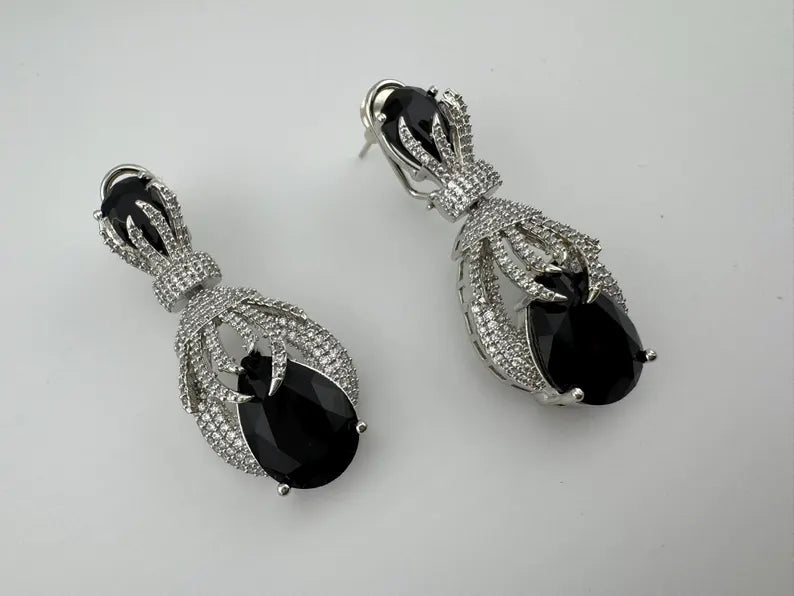 Premium Nano Setting Cubic Zirconia Chandelier earrings with Black Stone