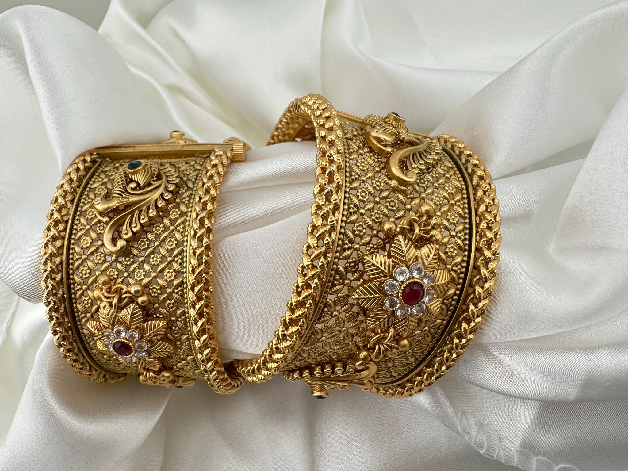 Amrapali inspired Designer bangles set, Openable Matt Gold Broad bangle set size-2.4"