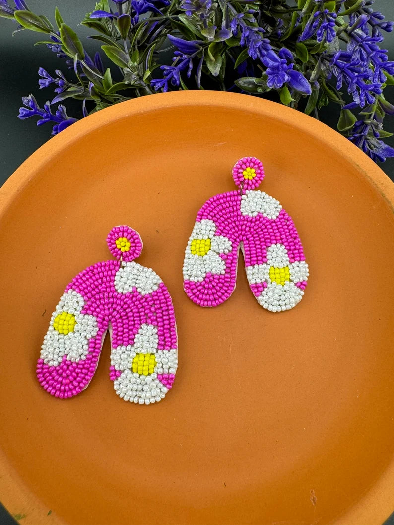 Beaded Hot Pink with flowers Quirky earring, Handmade earring