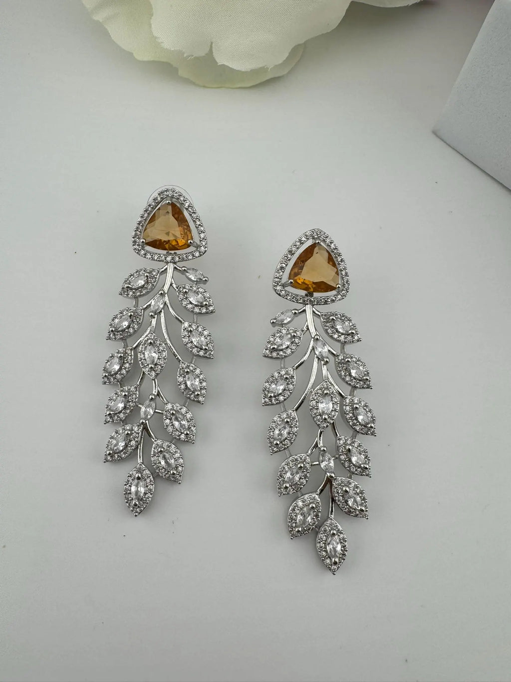 Leaf style Premium Cubic Zirconia, Crystal, Natural stone in silver color Long earrings