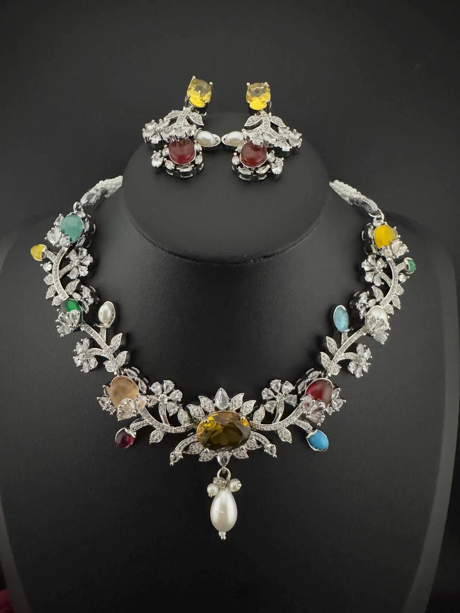 Yellow Premium American Diamond, Cubic Zirconia, Stones and Pearls Floral Necklace with earrings