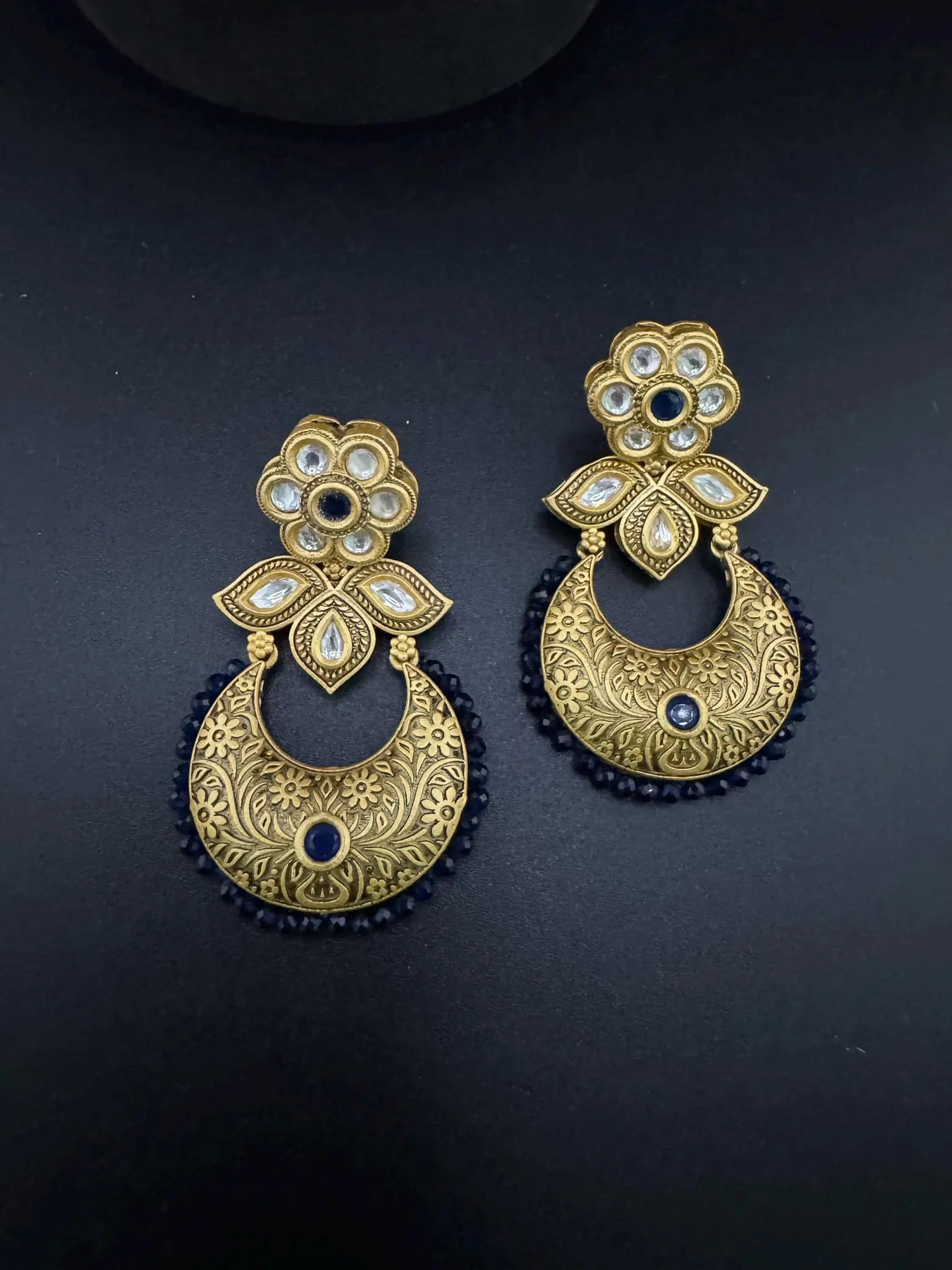 Premium kundan and Blue onyx beads Chand Bali in Matt Gold Amrapali inspired designer earrings