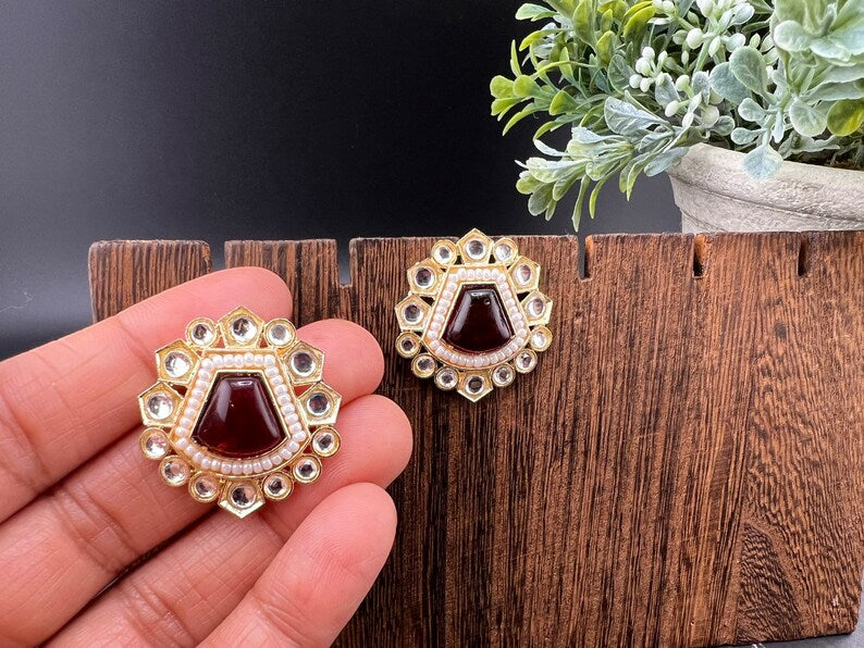 Gold Maroon, Red Stud Monalisa Stone, Pearl earring