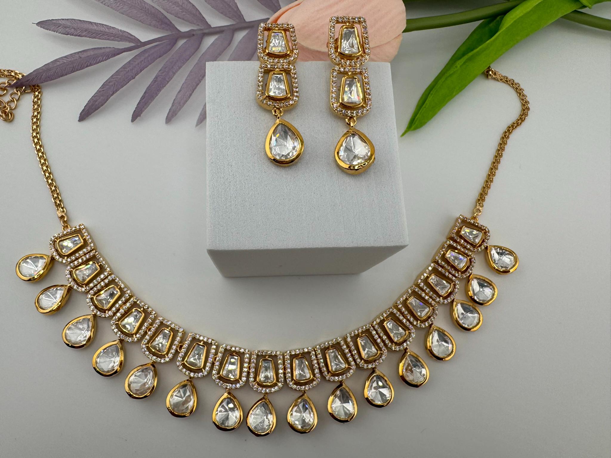 Premium Quality Moissanite Uncut Kundan & CZ is Tyaani Inspired Designer Necklace set with earrings