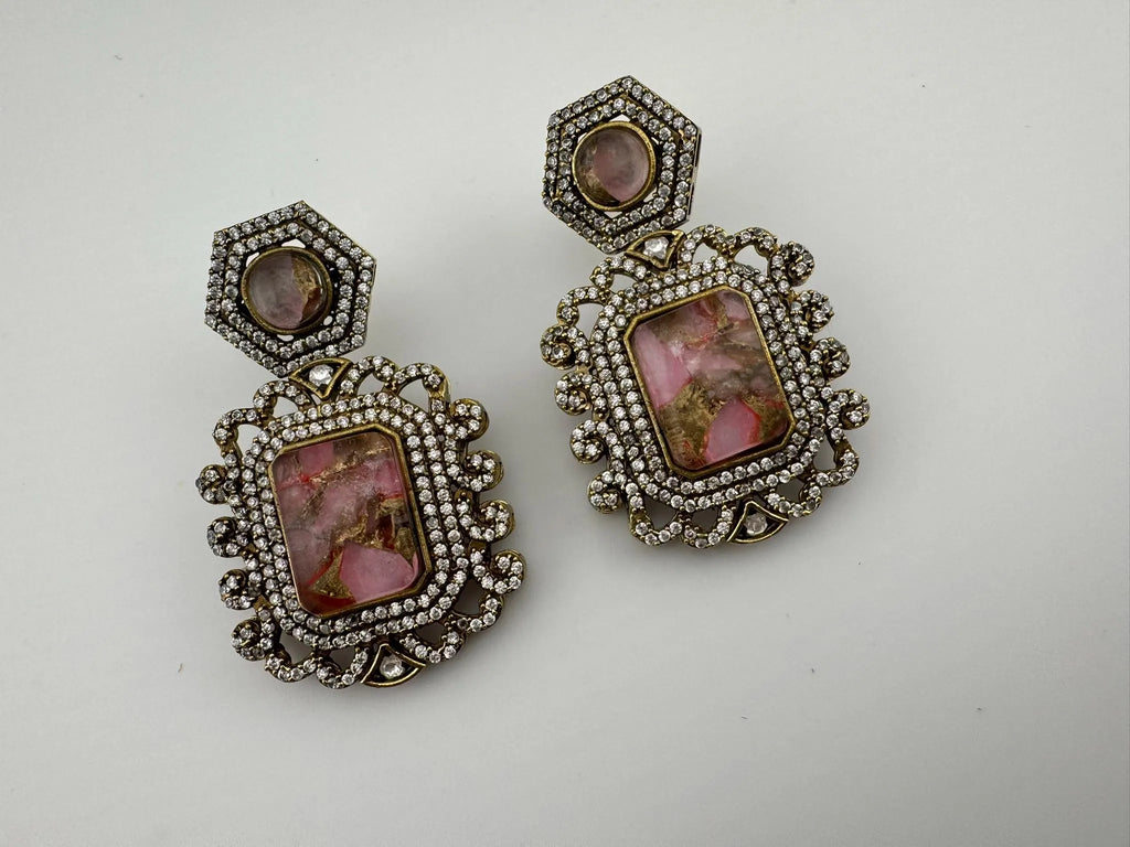 Premium Drop earrings with Marble Doublet stone and cubic zirconia, Gold polish