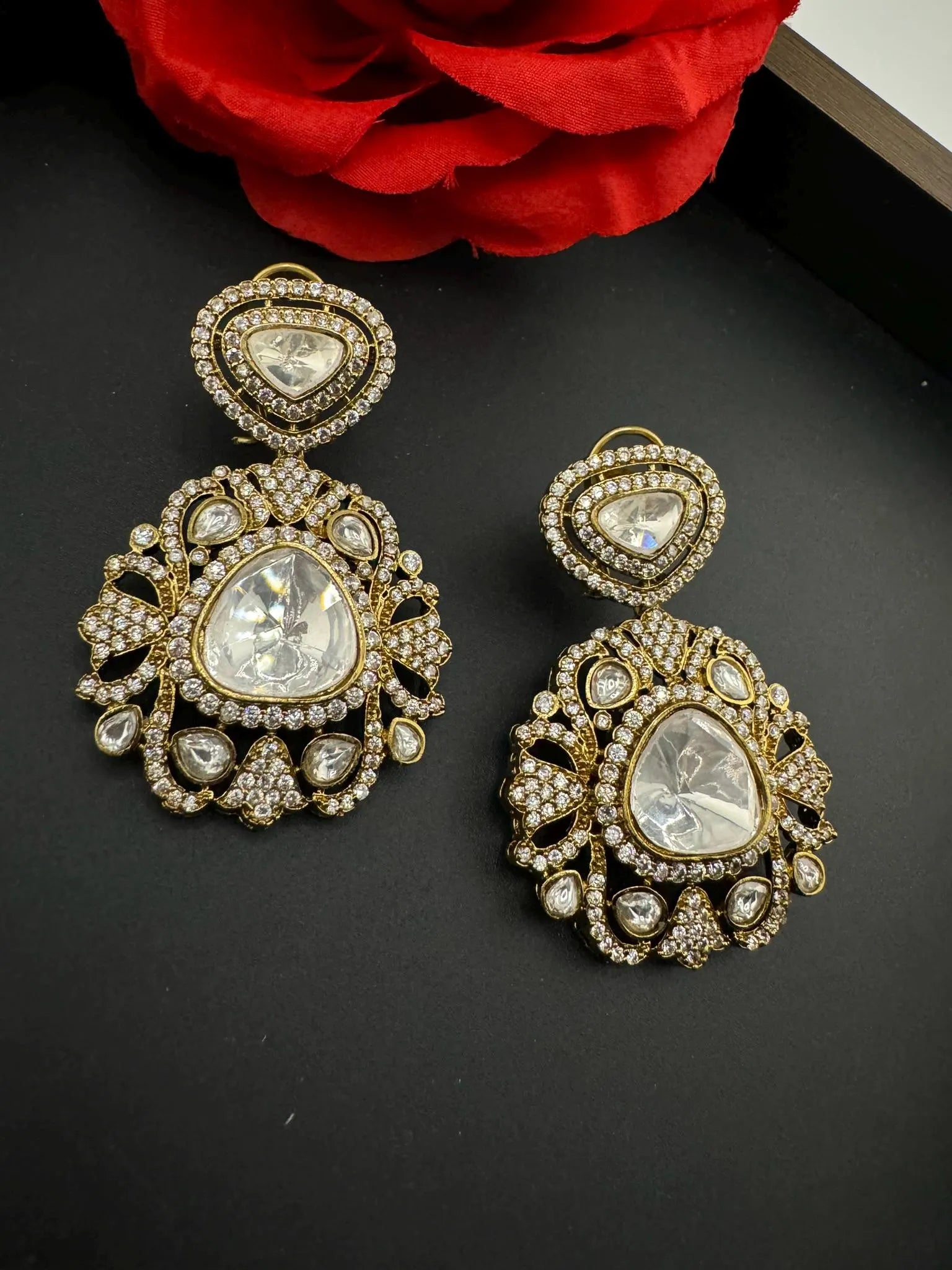 Premium Designer Moissanite Uncut Kundan and details of CZ Dangle earrings