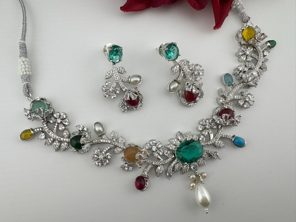 Rama Green Premium American Diamond, Cubic Zirconia, stones and pearls Floral Necklace with earrings