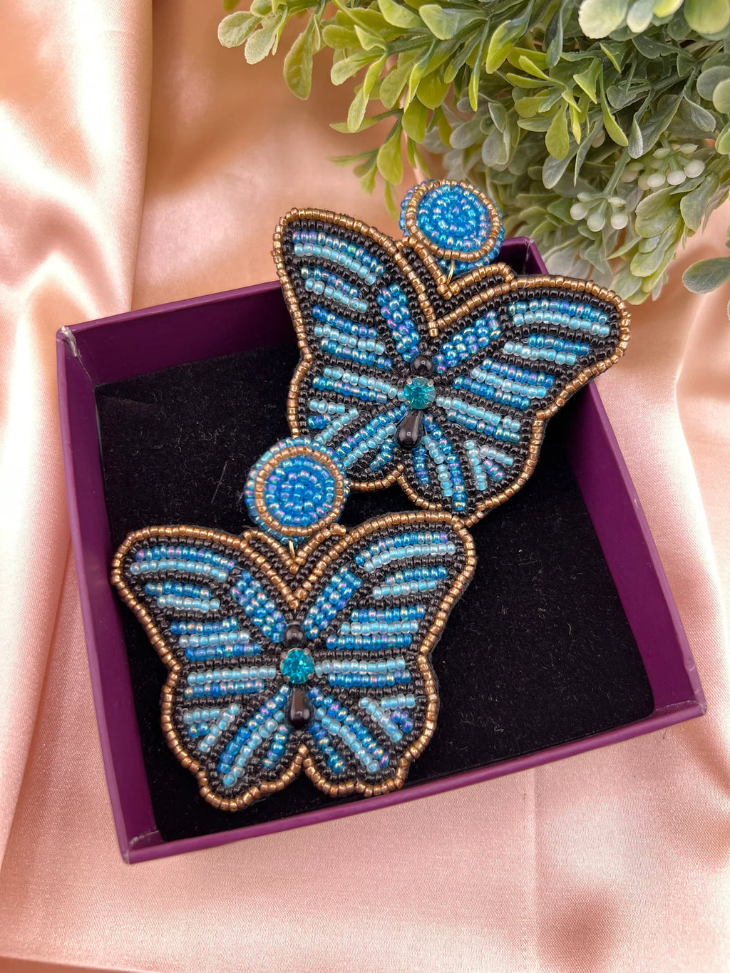 Blue Butterfly Beaded earrings, quirky Handmade earrings