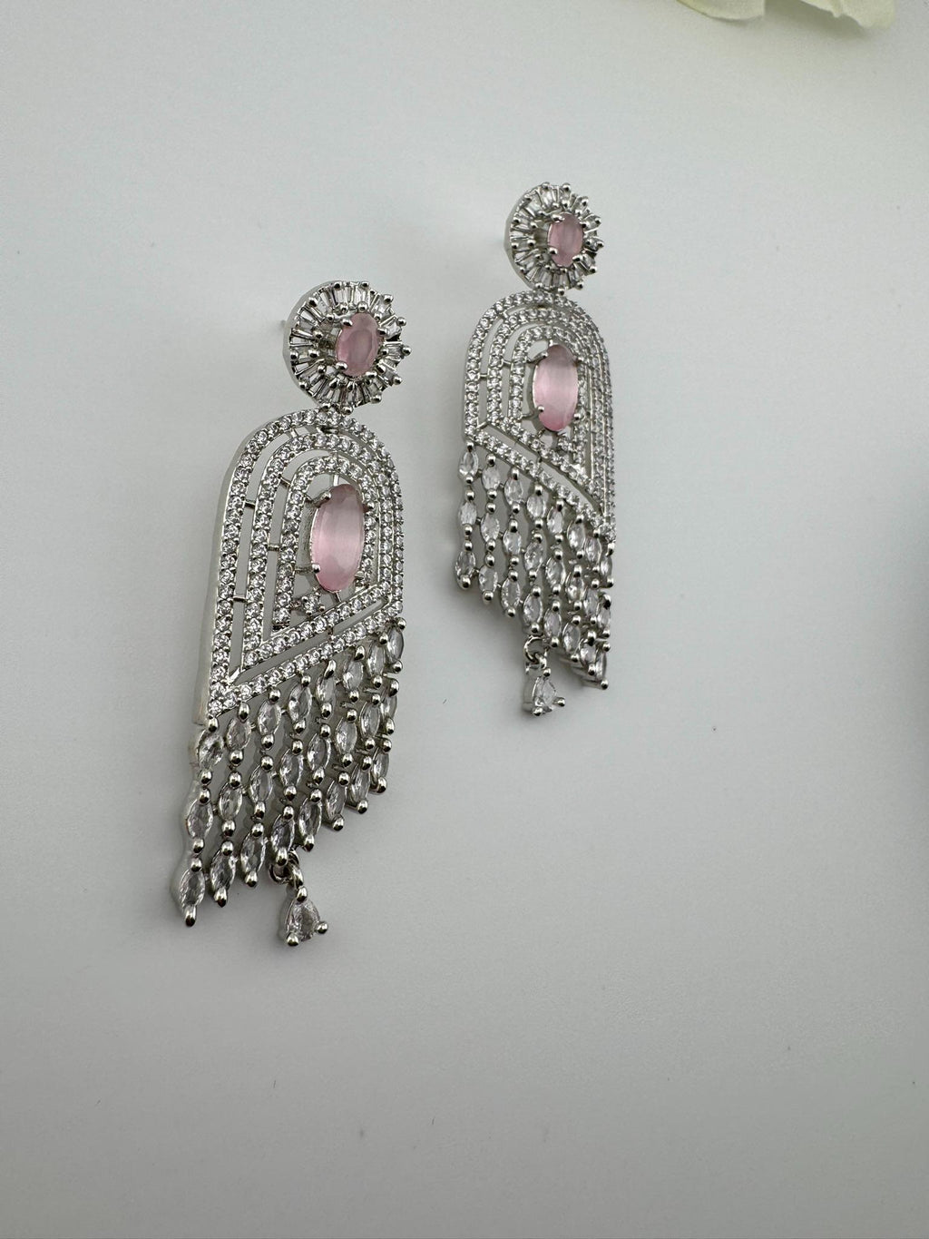 Pink Premium silver color Cubic Zirconia and Natural stone Long earrings