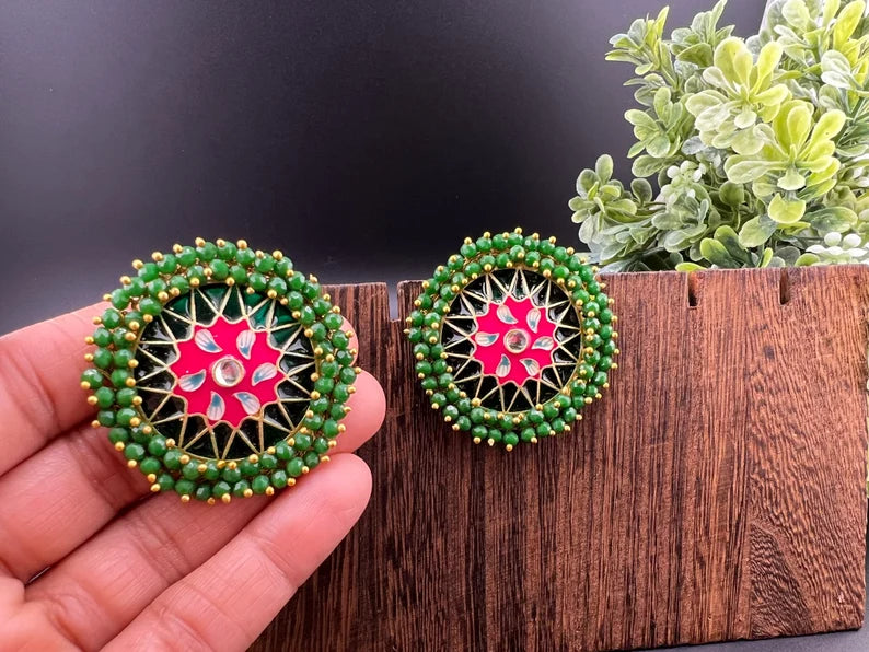 Big Stud Earrings with Green beads and Minakari