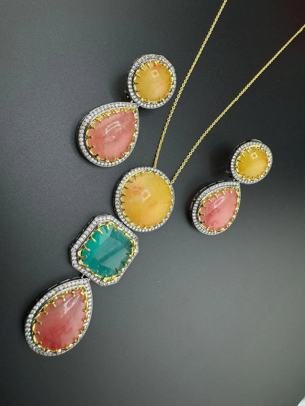 Sabyasachi Inspired Premium doublet stone, CZ, natural stones Pendant set with long earrings