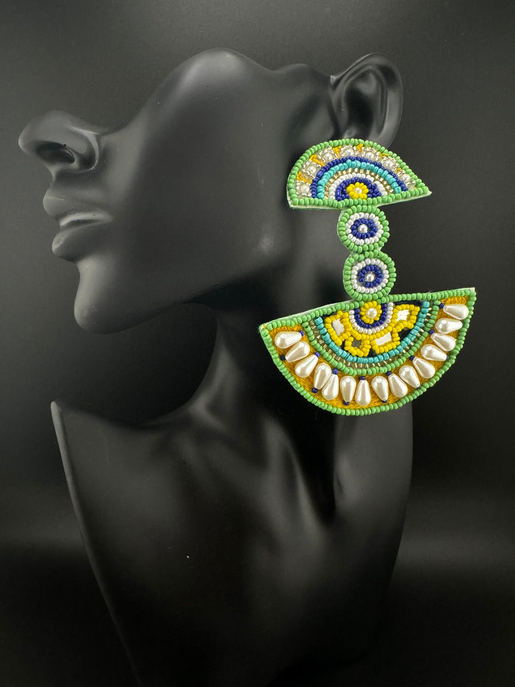 Beaded Oversized Long Quirky Green earring/Handmade Oversized earrings