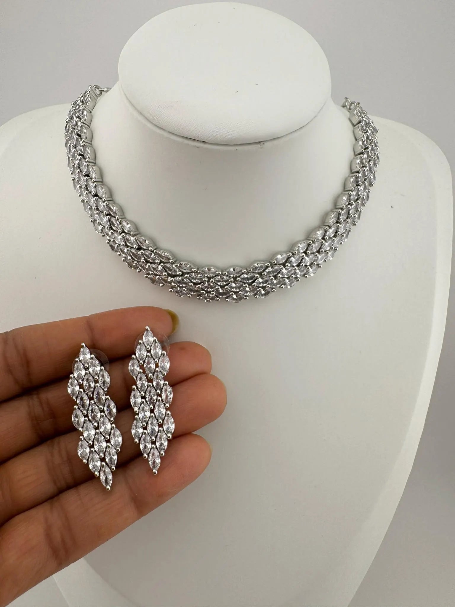 Premium American Diamond, Cubic Zirconia Unique Necklace set with light earring