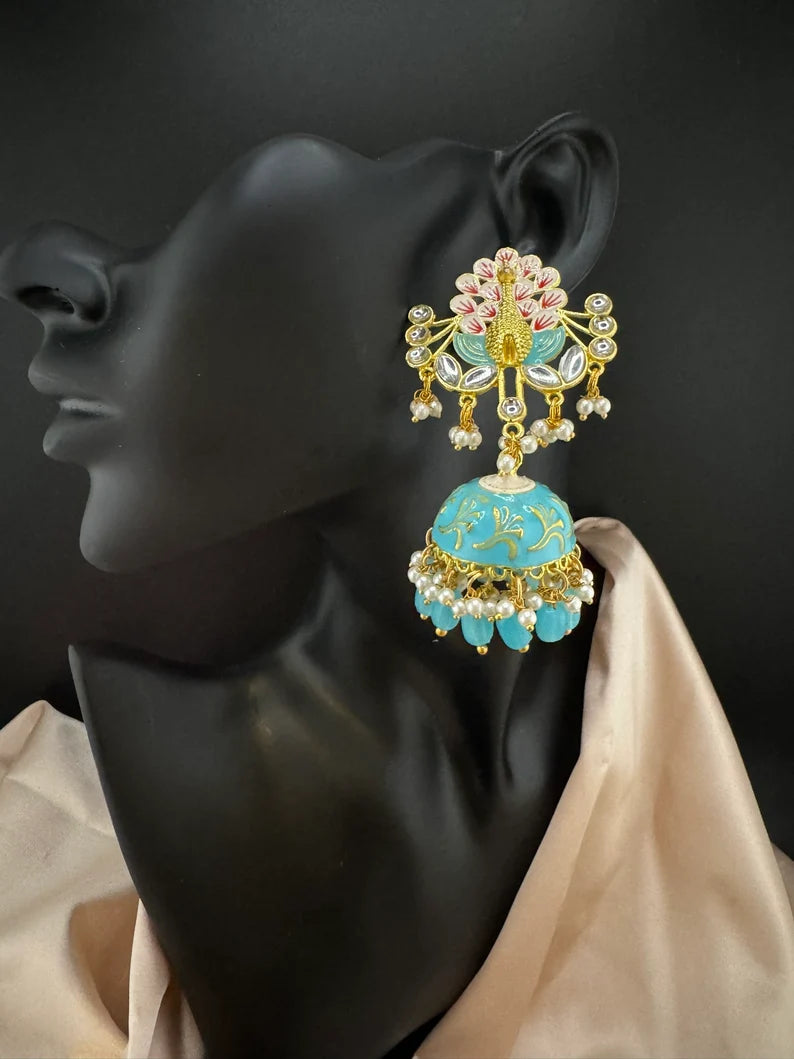 Peacock Jhumka Earrings with Kundan, Minakari, CZ and pearls in Gold Polish