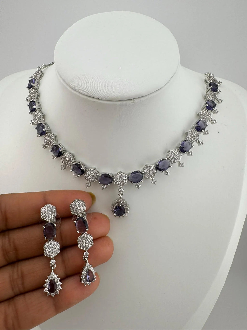 Premium Silver Polish American Diamond, Cubic Zirconia, glass stone Sleek Necklace set with long earrings