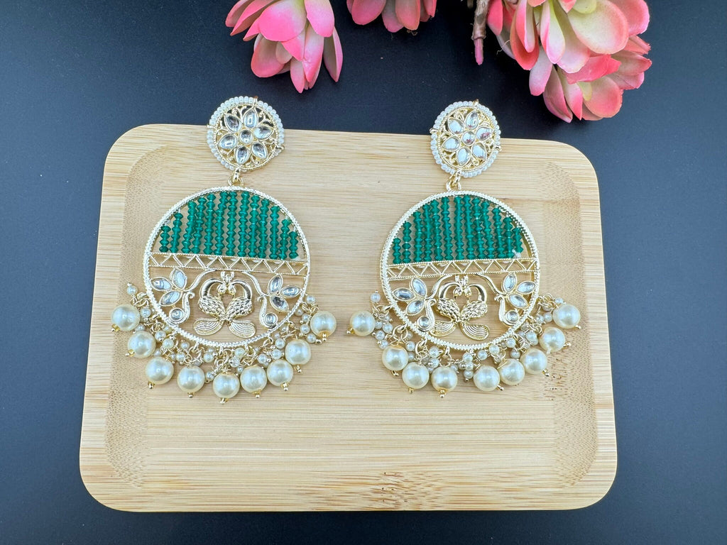 Glitter hydro beads kundan and Pearls Punjabi Chandbali Earrings