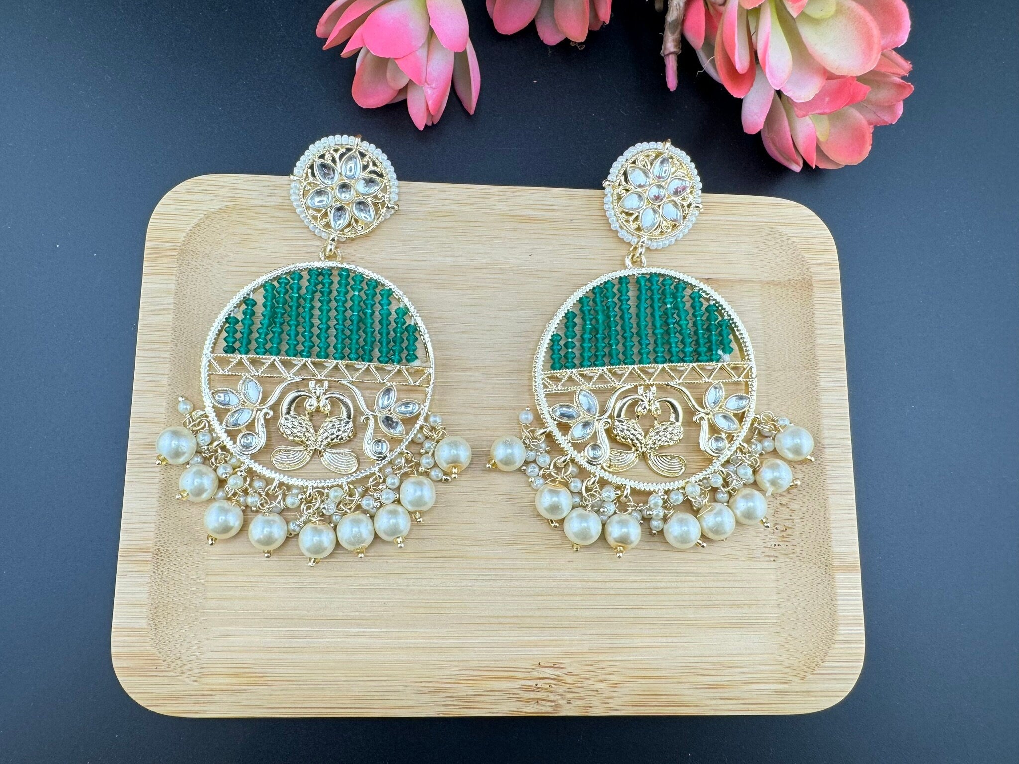 Glitter hydro beads kundan and Pearls Punjabi Chandbali Earrings