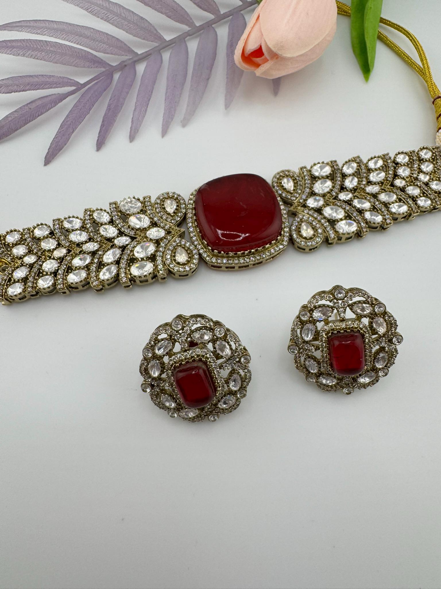 Dark Red Premium Quality Moissanite Kundan, CZ, Doublet stones is Designer Choker necklace set with Big Stud earrings