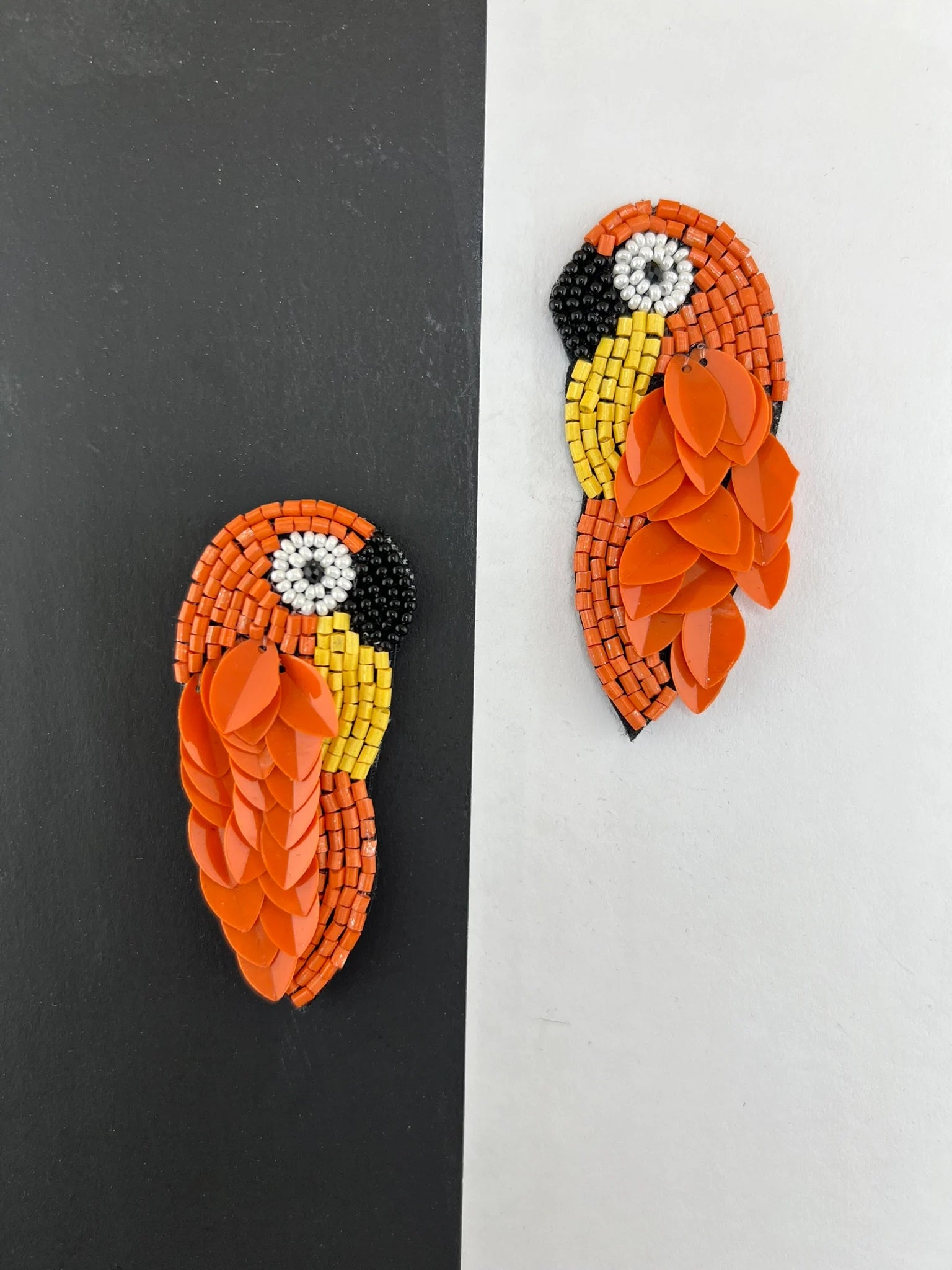 Orange Bird Beaded earrings, Quirky Handmade earrings