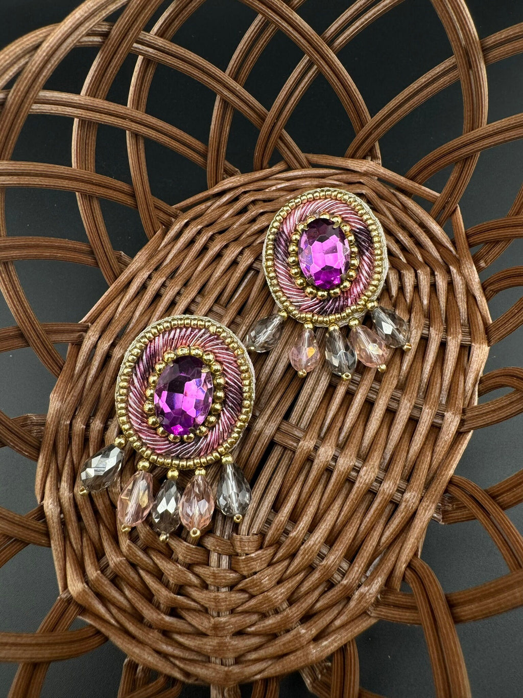 Beaded Crystal Purple Oval Big Studs Quirky earring/Handmade earrings