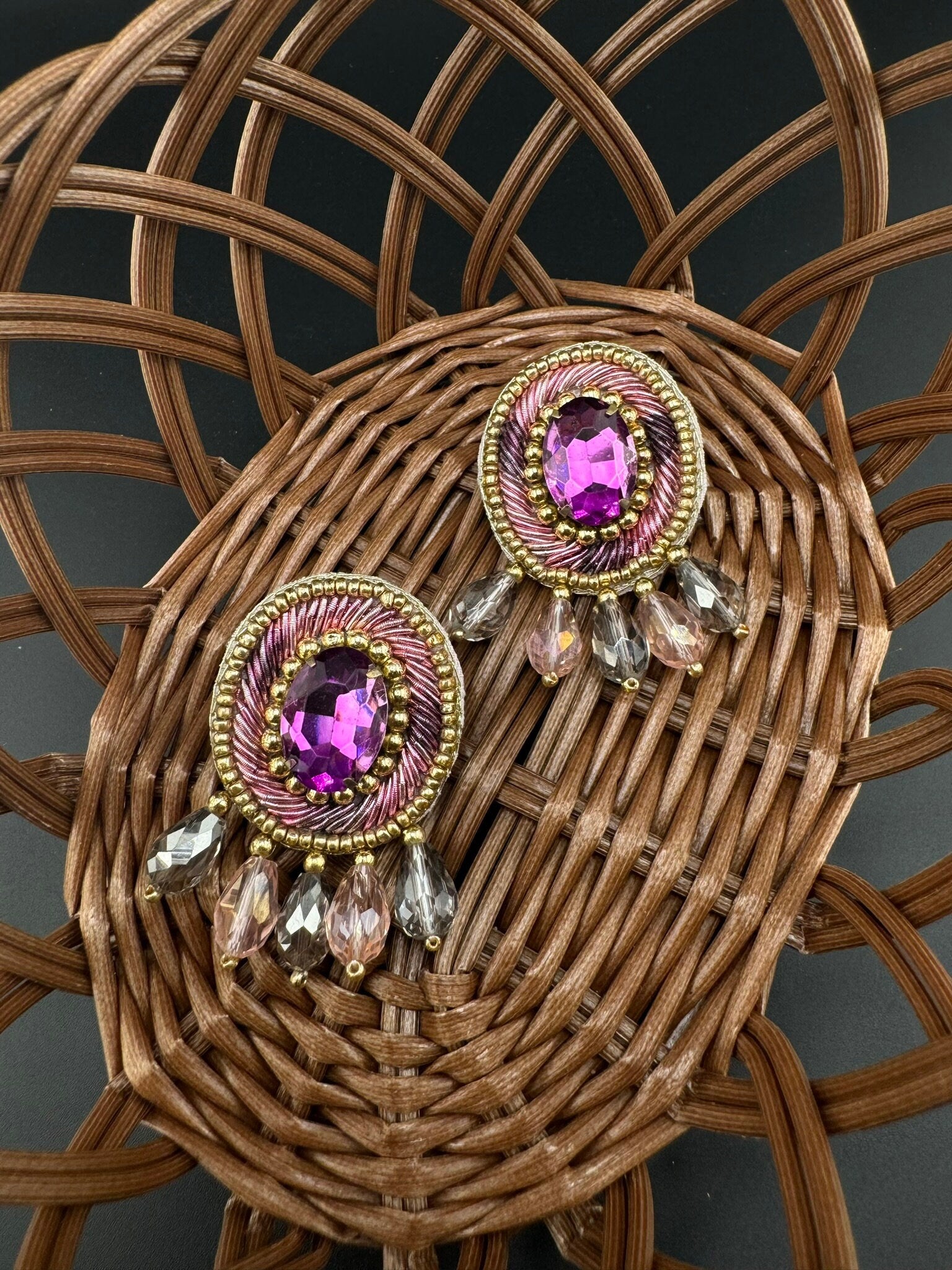 Beaded Crystal Purple Oval Big Studs Quirky earring/Handmade earrings