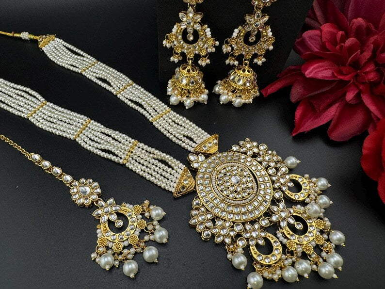 Kundan Bridal Long Necklace Set with Jhumka and Tikka