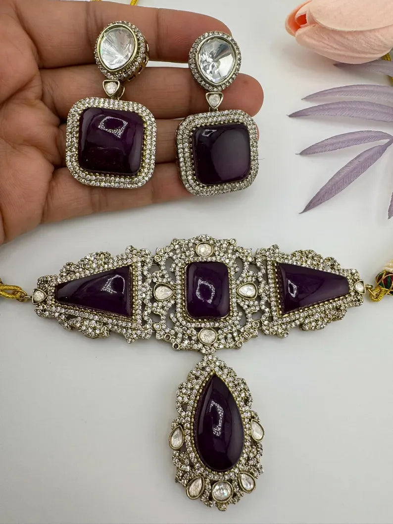 Premium Moissanite Kundan, CZ, Doublet stones Designer Choker necklace