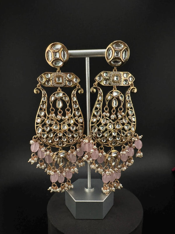 Tyaani inspired Premium Uncut Kundan, Pink Pearls, CZdesigner earrings/Long Chandelier earrings