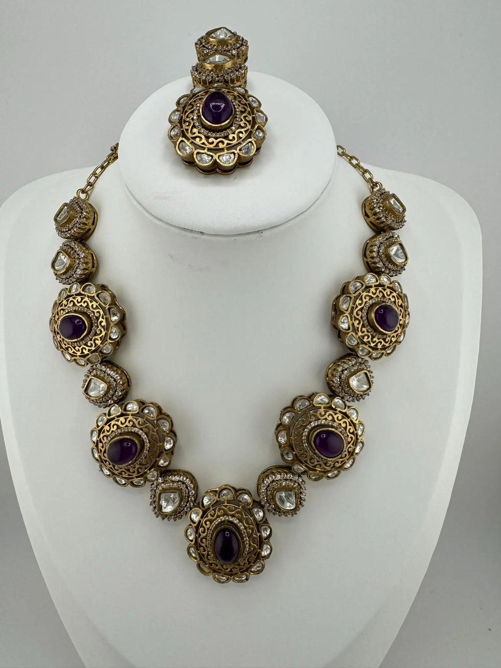 Amrapali inspired Premium fusion Necklace set in Moissanite, uncut Kundan, CZ and Doublet stones in matt gold finish with earrings