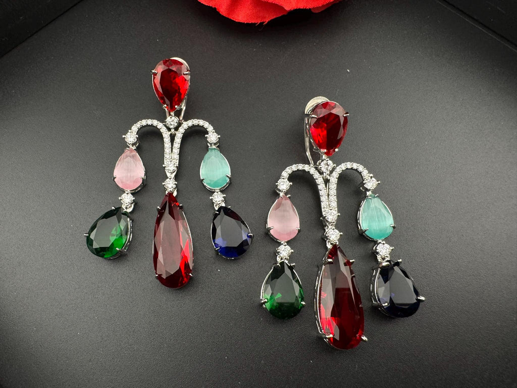 Premium Cubic Zirconia and glass stone in silver color is designer Inspired Statement Long earrings