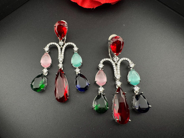 Premium Cubic Zirconia and glass stone in silver color is designer Inspired Statement Long earrings