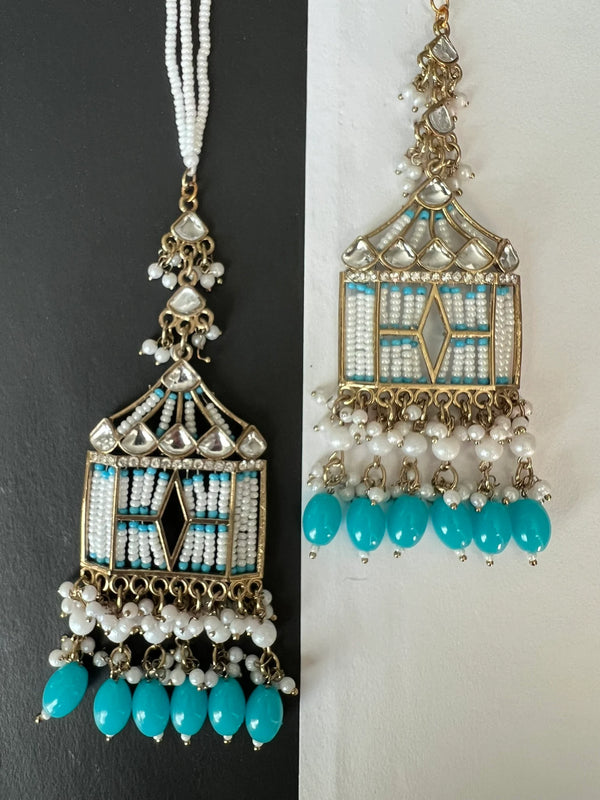 Blue Doli Chandbali Earrings with Ear Supporting Chain with Kundan, CZ and pearls