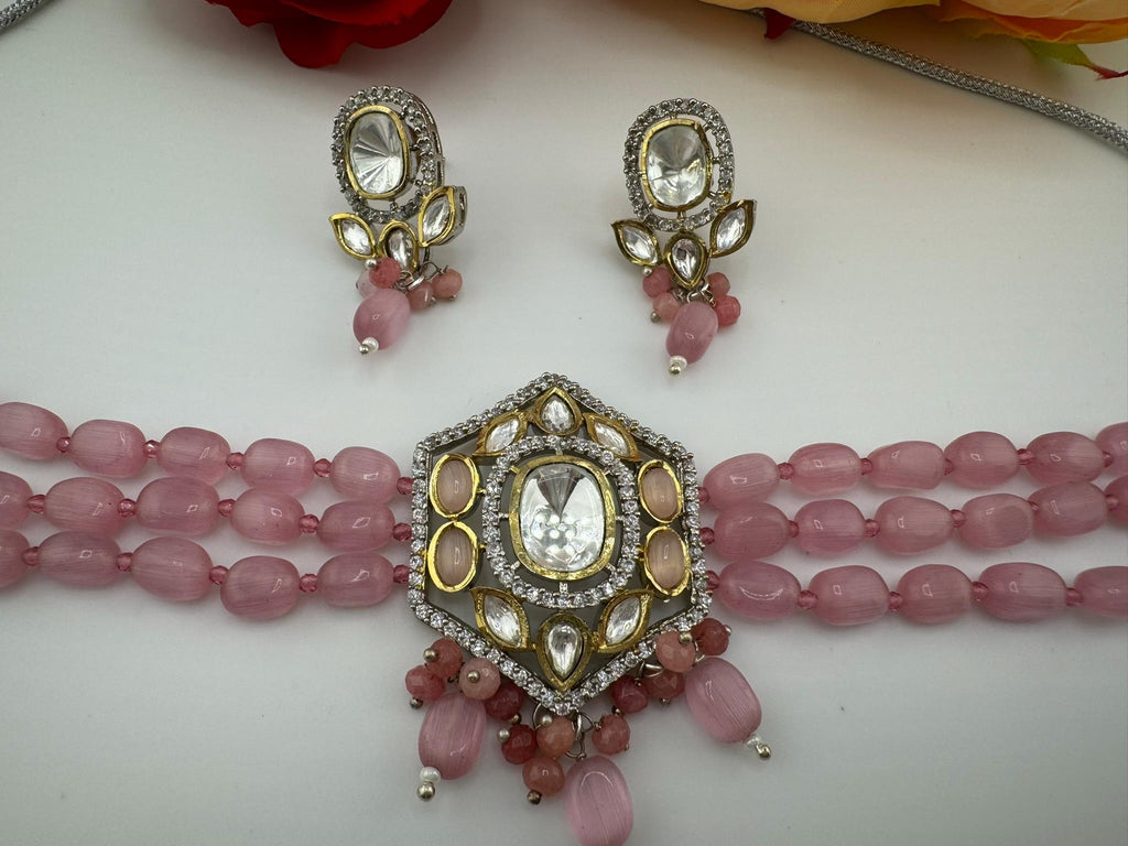 Tyaani Inspired Premium Fusion necklace with HQ Kundan, onyx beads and natural stones