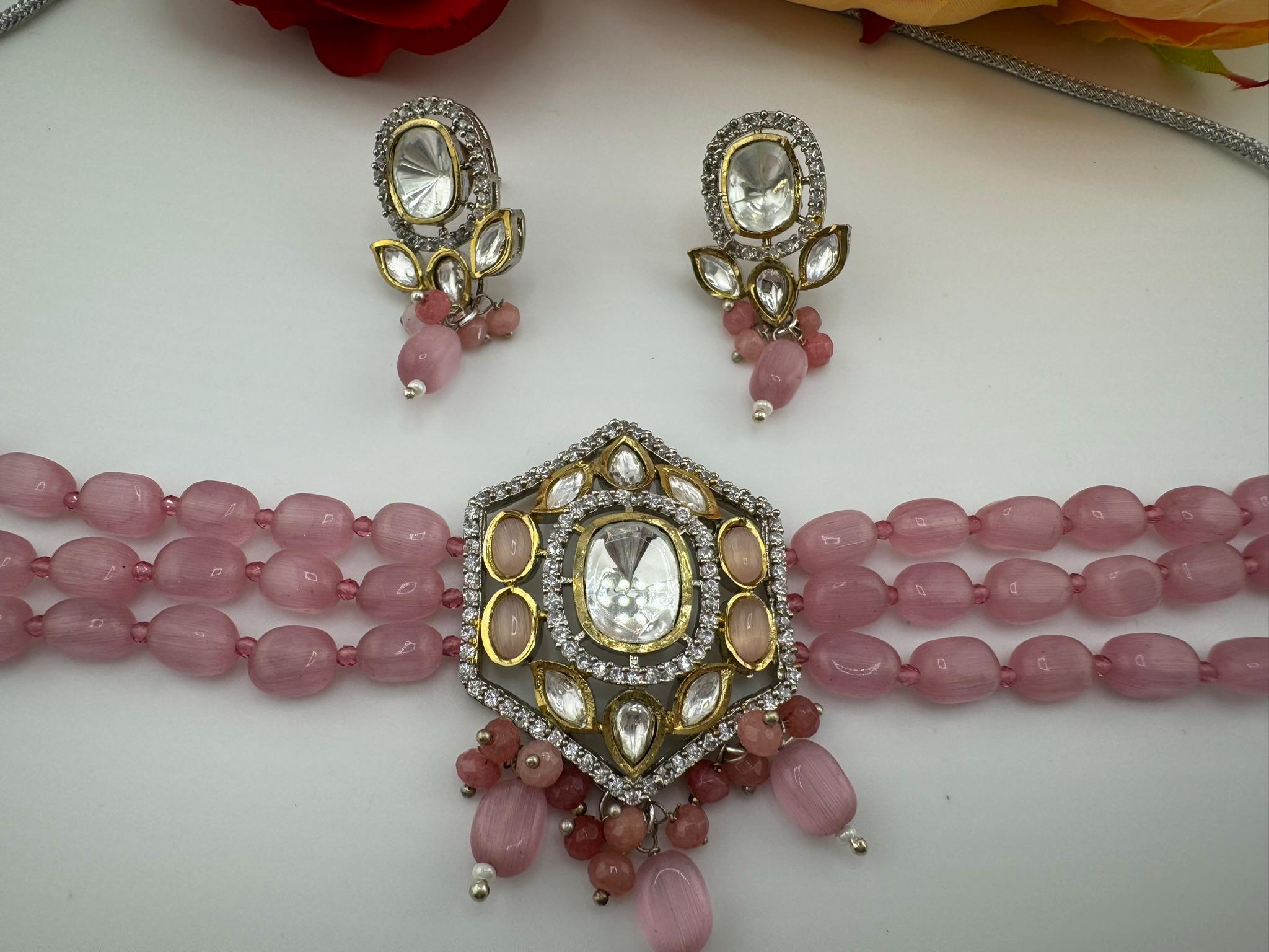 Tyaani Inspired Premium Fusion necklace with HQ Kundan, onyx beads and natural stones