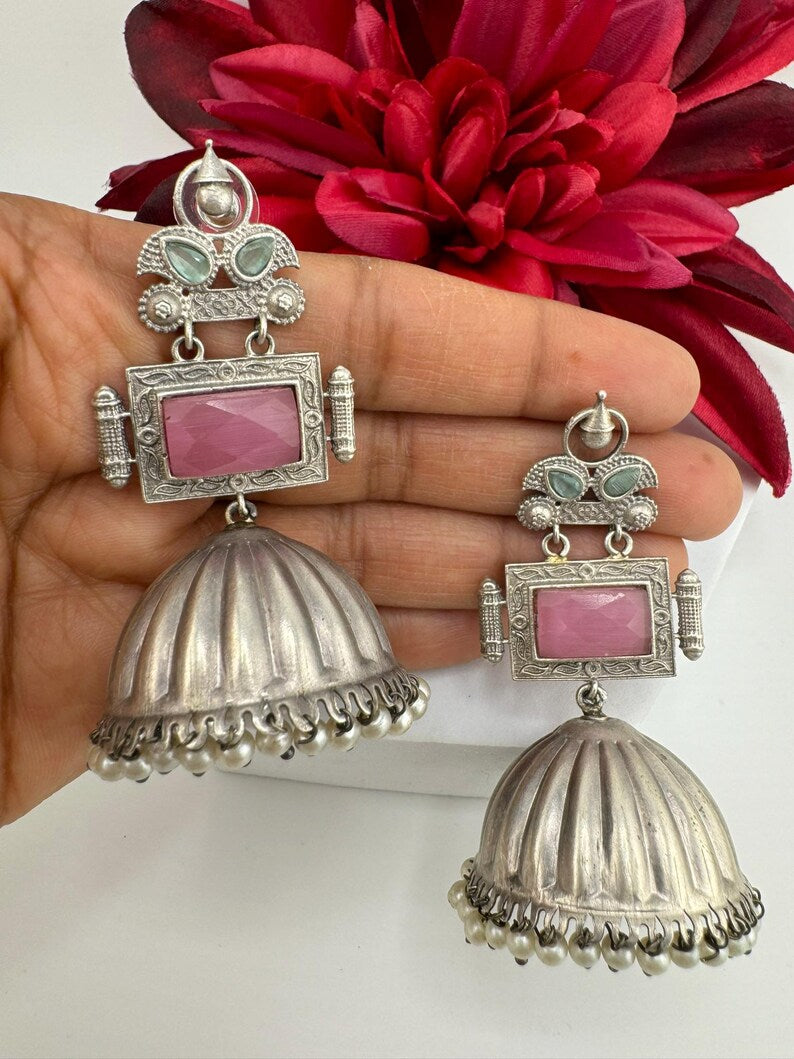 Oversized Oxidized German Silver Premium Jhumka earrings with Pink Monalisa stone