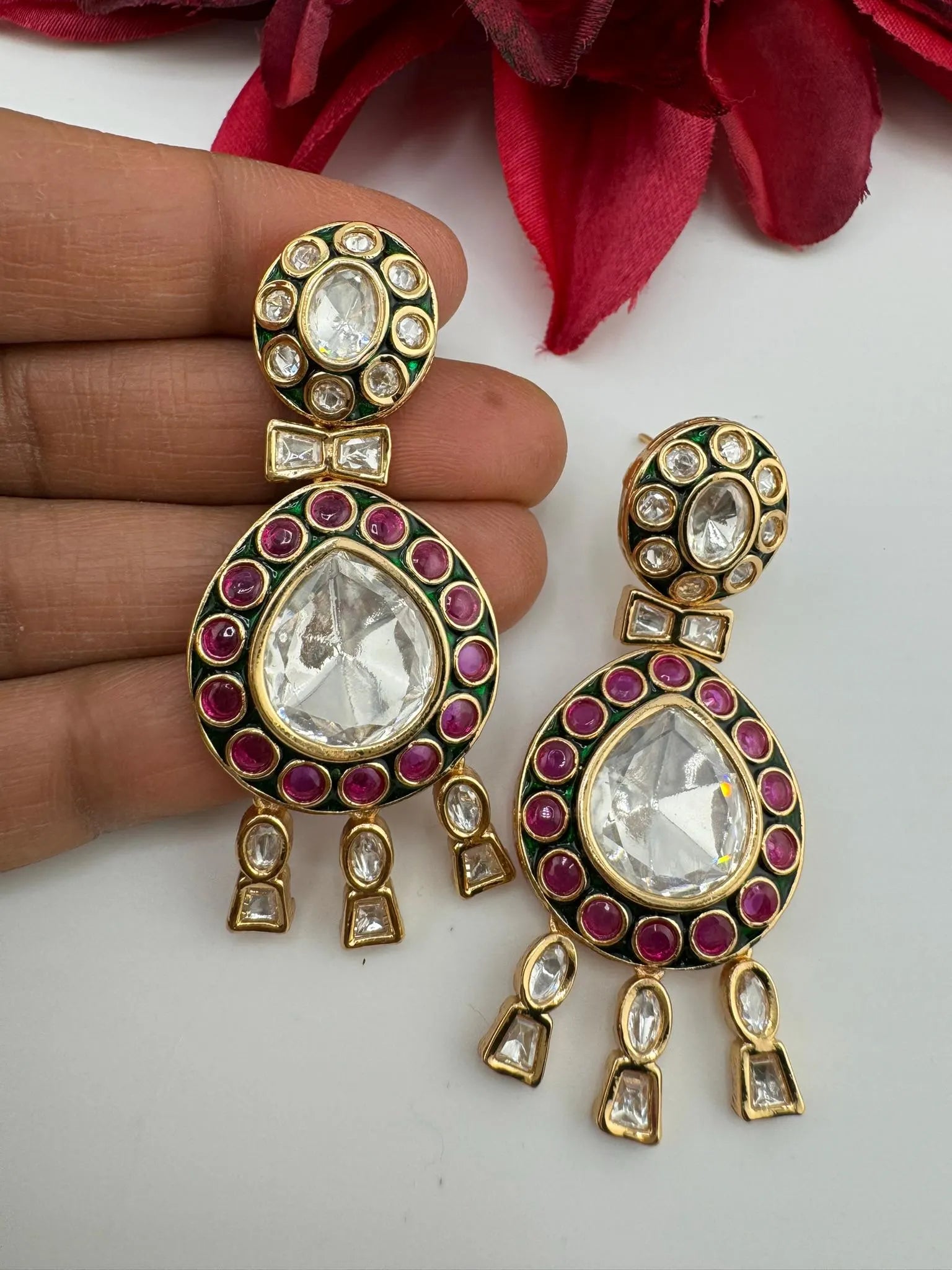 Amrapali inspired Premium Uncut Moissanite kundan with pachi kundan, CZ, Italian Minakari designer earrings