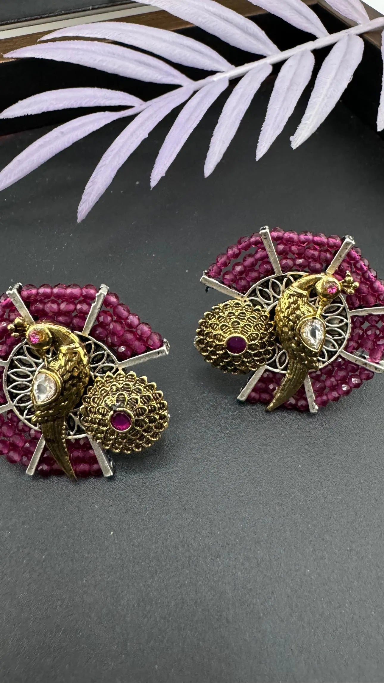 Amrapali inspired Premium designer stud earrings with Purple Beads and Peacock detailing