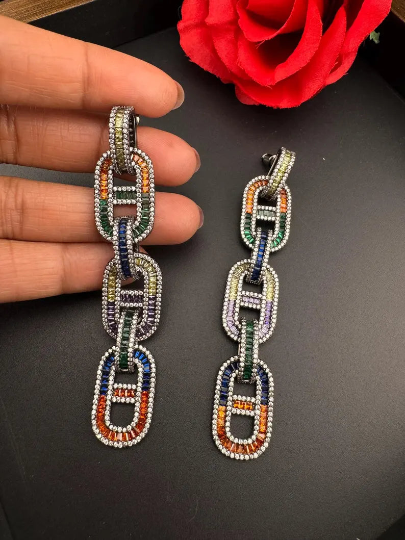 Unique Nano Setting Cubic Zirconia Multicolor Long Earrings